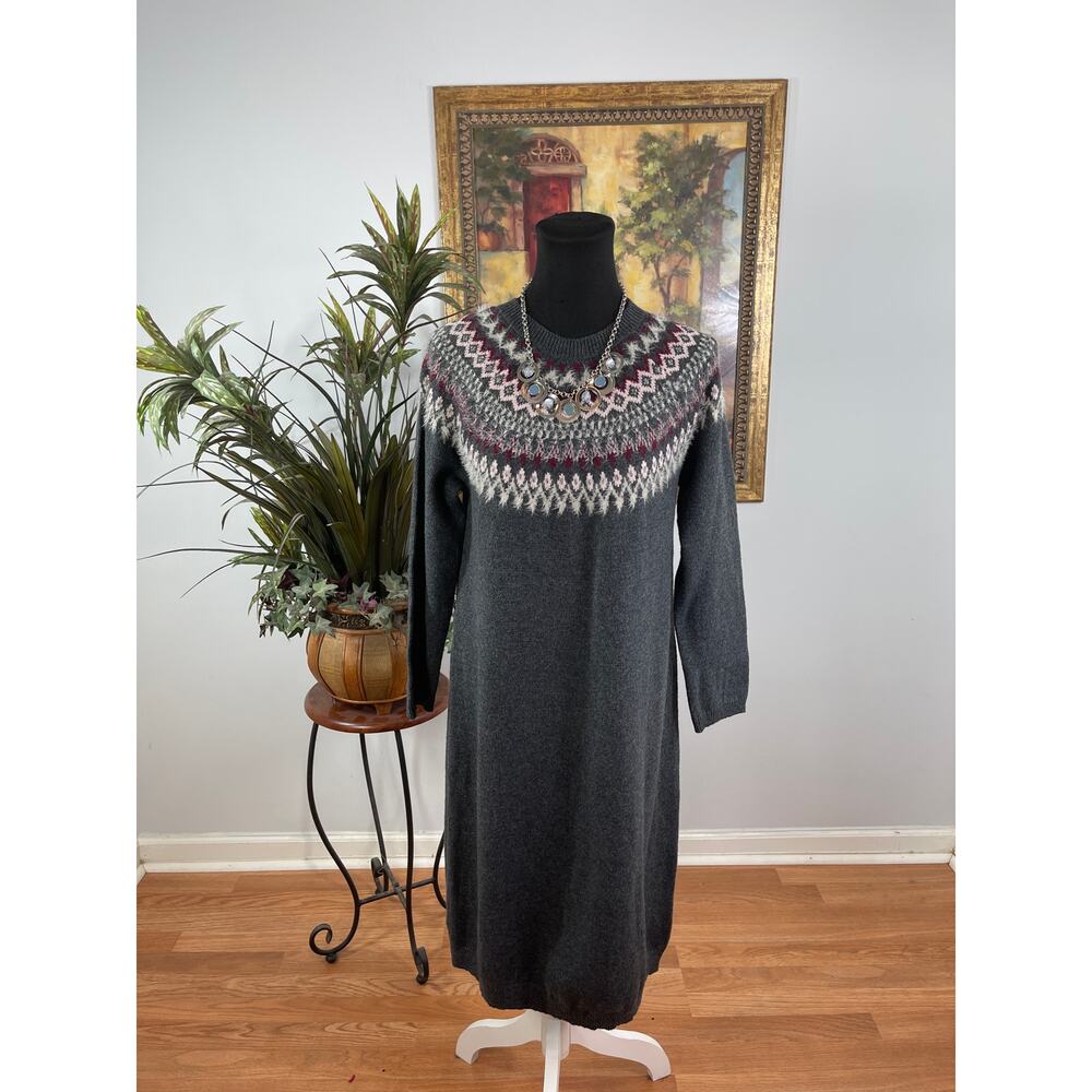 J.Jill Sweater Dress Women Small Gray Fair Isle Yoke Knit Minimalist Grandmacore